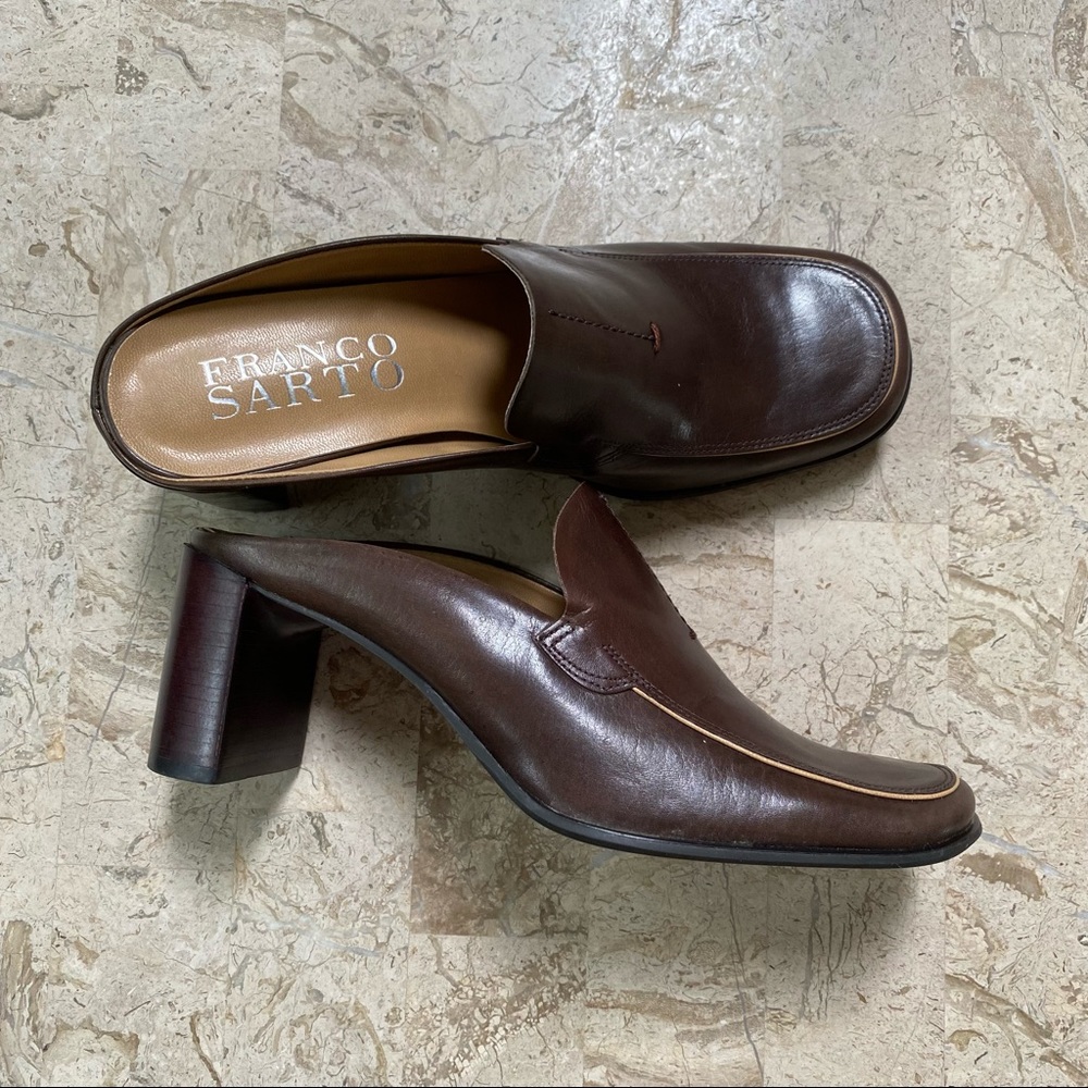 Vintage Brown Leather Elegant Mules Slip On Square Toe Franco Sarto Brazil Size7